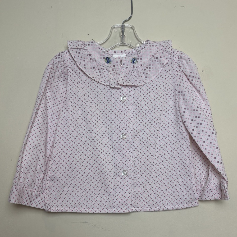 VTG Kids Girls Sears collared blouse/shirt Size 4 Embroidered Flowers Pink White